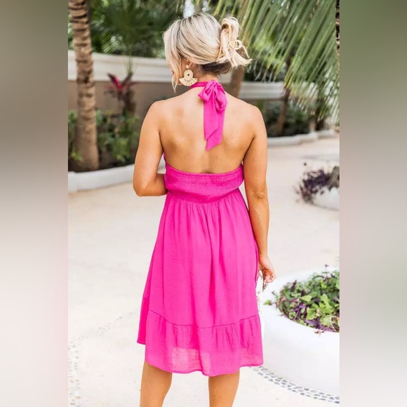 HOT PINK CROSS HALTER NECK DRESS - SIZE S - Picture 2 of 5